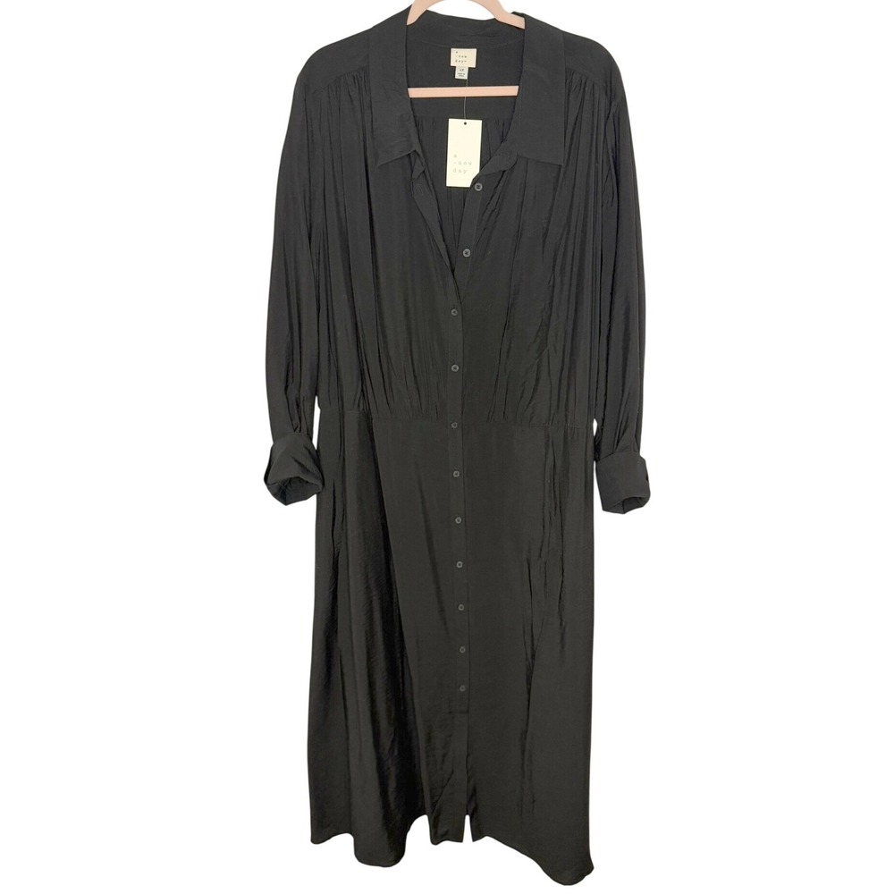 A New Day Shirt Dress Womens 4X Black Button Down Midi Long Sleeve Crinkle NWT